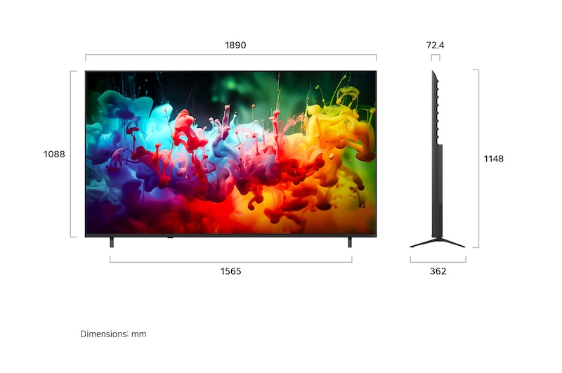 LG QNED AI QNED75 Mini LED shown in front and side views highlights an 85-inch display with a 1890 mm-wide screen, 1088 mm screen height, 1148 mm height with stand, a 72.4 mm profile depth, and a stand footprint measuring 1565 by 362 mm.